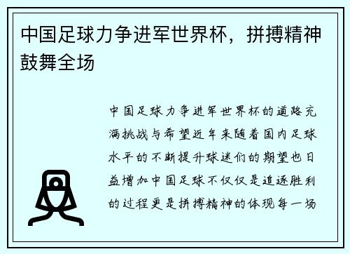 中国足球力争进军世界杯，拼搏精神鼓舞全场