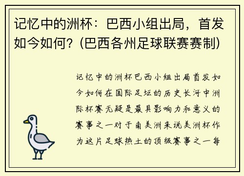 记忆中的洲杯：巴西小组出局，首发如今如何？(巴西各州足球联赛赛制)