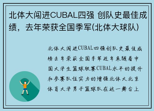 北体大闯进CUBAL四强 创队史最佳成绩，去年荣获全国季军(北体大球队)