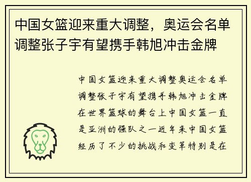 中国女篮迎来重大调整，奥运会名单调整张子宇有望携手韩旭冲击金牌