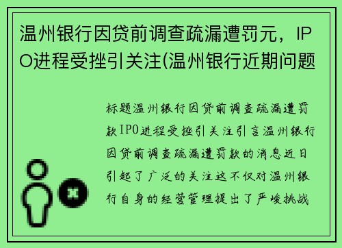 温州银行因贷前调查疏漏遭罚元，IPO进程受挫引关注(温州银行近期问题)